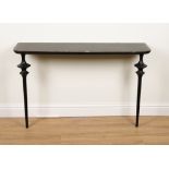 ARTERIORS, A BLACK STAINED OAK VILLEGAS CONSOLE TABLE ON TURNED SUPPORTS