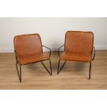 A PAIR OF TUBULAR METAL FRAMED OPEN ARMCHAIRS WITH FAUX BROWN LEATHER BACKS AND SEATS (2)
