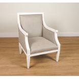 JONATHAN ADLER, A WHITE PAINTED OPEN ARMCHAIR WITH GREY UPHOLSTERY
