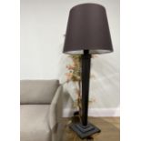 LIGHTING, A TALL BRONZE TABLE LAMP WITH BROWN SILK SHADE