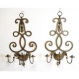 A PAIR OF FRENCH SILVERED WROUGHT IRON THREE LIGHT WALL APPLIQUÉS (2)