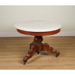 A 19TH CENTURY FRENCH MARBLE TOPPED GUERIDON ON CARVED MAHOGANY TRIPOD BASE