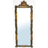 A PARCEL-GILT POLYCHROME PAINTED SHAPED RECTANGULAR ROBING MIRROR OF 17TH CENTURY ITALIAN DESIGN