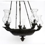 A PAIR OF REGENCY-STYLE PATINATED METAL FIVE-LIGHT CHANDELIERS (2)