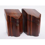 A PAIR OF GEORGE III INLAID MAHOGANY SERPENTINE FRONTED SLOPE TOP KNIFE BOXES (2)