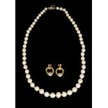 A PAIR OF GOLD AND CULTURED PEARL EARRINGS AND NECKLACE (3)