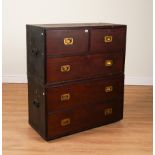 AN UNUSUAL 19TH CENTURY MAHOGANY TWO PART CAMPAIGN STYLE CHEST