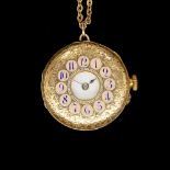 A GOLD HALF HUNTING CASED PENDANT WATCH WITH A GOLD NECKCHAIN (2)