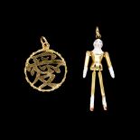 A GOLD AND ENAMEL PENDANT AND A CHINESE GOLD PENDANT (2)