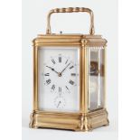 A FRENCH GILT-BRASS GORGE CASED GRANDE SONNERIE STRIKING CARRIAGE CLOCK WITH PUSH REPEAT AND...