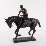 AFTER ISIDORE BONHEUR: BRONZE PATINATED METAL SCULPTURE OF A HORSE AND JOCKEY