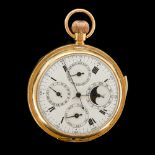 A GOLD CASED KEYLESS WIND FULL HUNTER CALENDAR POCKET WATCH