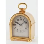 A FRENCH GILT-BRASS HUMP-BACK MANTEL CLOCK WITH PUSH REPEAT AND ALARM