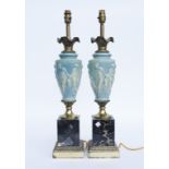 A PAIR OF GILT-METAL MOUNTED BLUE GLAZED CERAMIC VASE TABLE LAMPS (2)