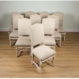 A SET OF TEN BLEACHED OAK FRAMED HUMP BACK DINING CHAIRS (10)