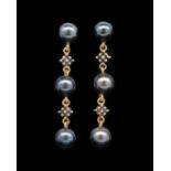 A PAIR OF SAPPHIRE AND GREY CULTURED PEARL EARRINGS