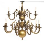 A DUTCH STYLE BRONZE METAL BALL-KNOP TWELVE LIGHT CHANDELIER