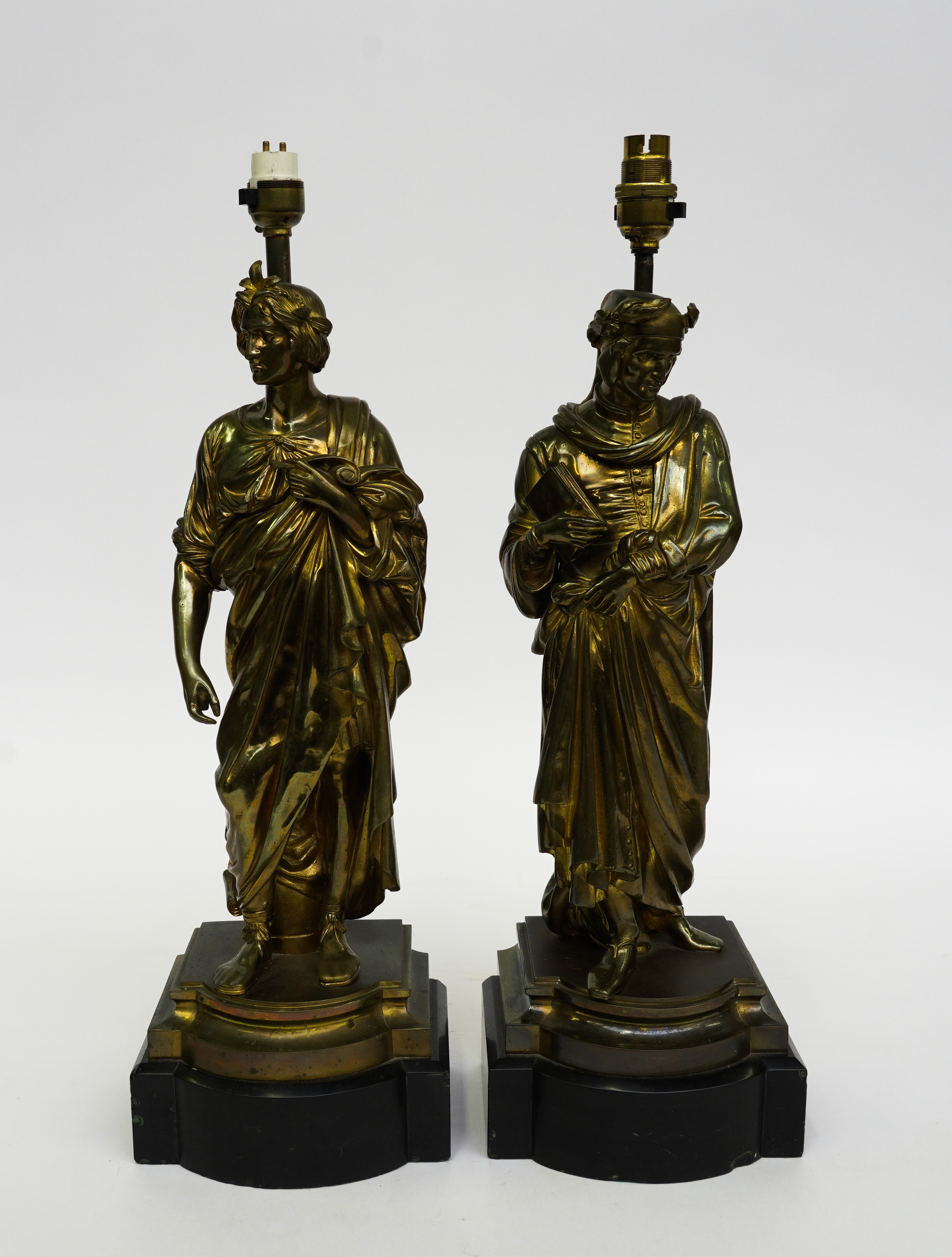 AFTER ANTOINE-PIERRE AUBERT: A PAIR OF GILT BRASS CLASSICAL FIGURAL TABLE LAMPS (2)