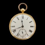 AN EARLY VICTORIAN 18CT GOLD CASED KEY WIND OPENFACED GENTLEMAN'S POCKET WATCH