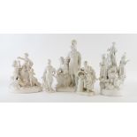 THREE CONTINENTAL BISCUIT PORCELAN GROUPS AND TWO FIGURES