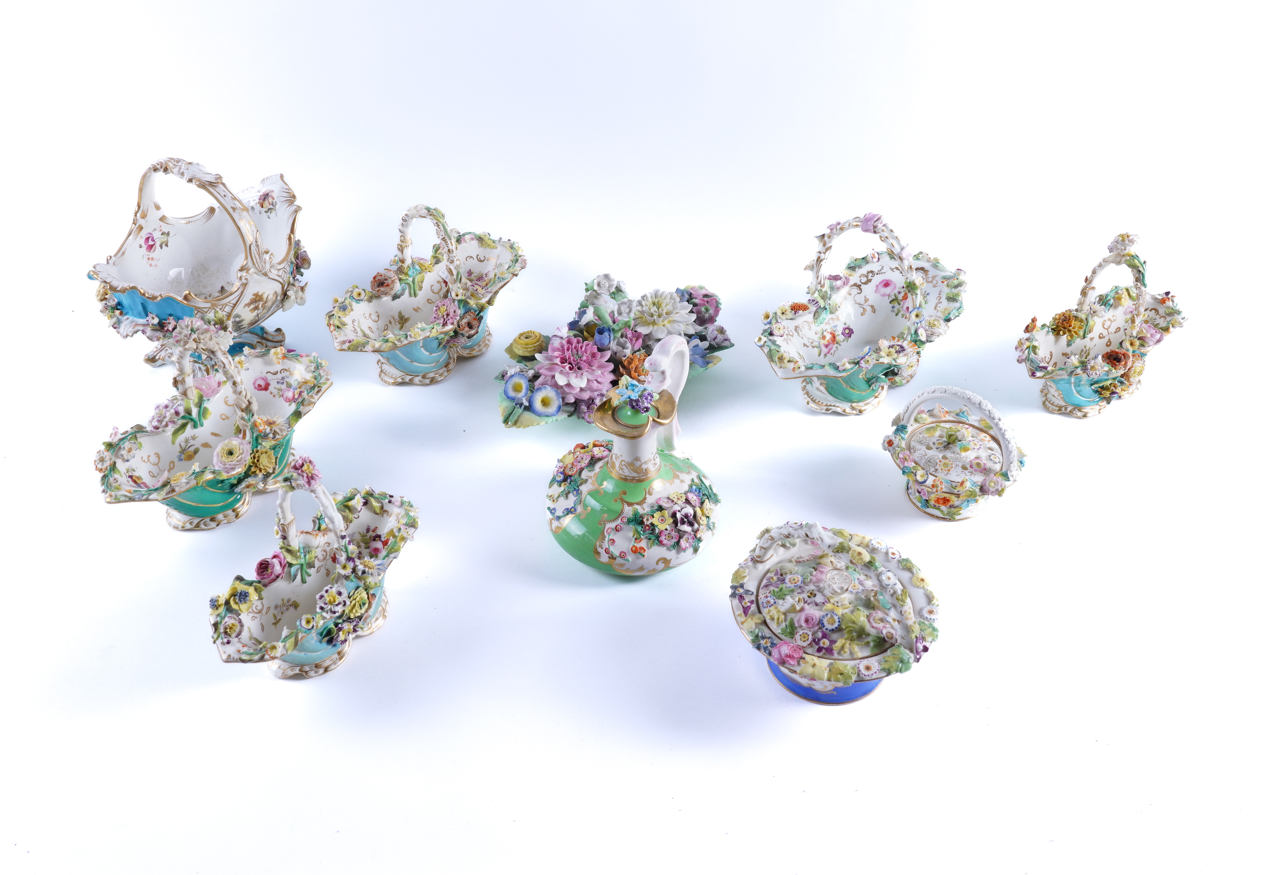 A GROUP OF ENGLISH FLOWER-ENCRUSTED PORCELAIN