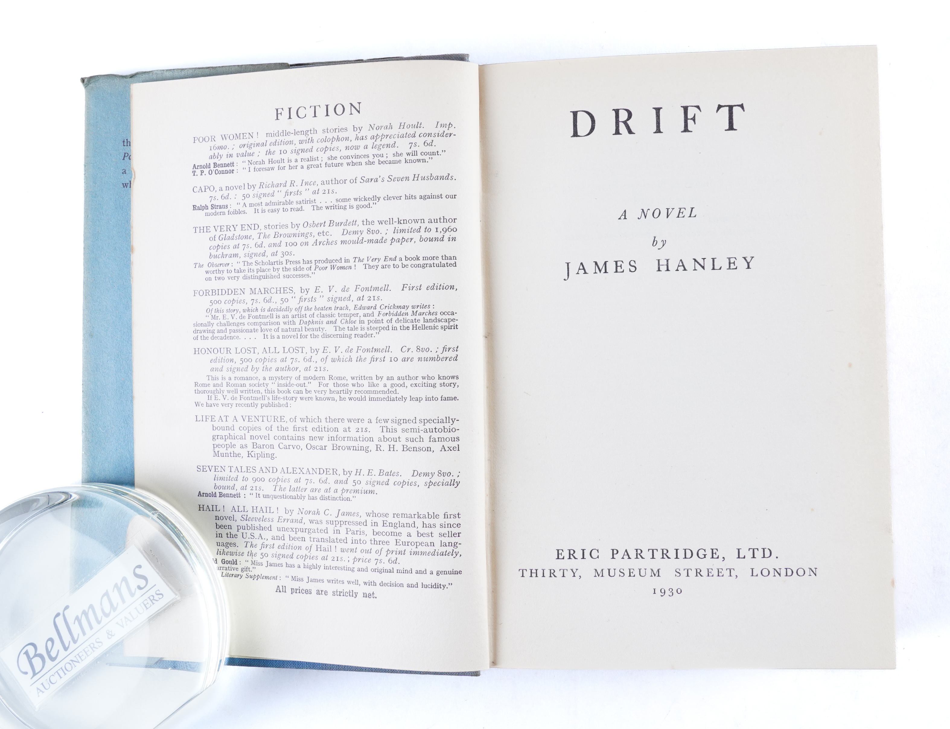 HANLEY, James (1897-1985). Drift. A Novel, London, 1930, 8vo, original blue cloth, dust-jacket... - Image 3 of 5