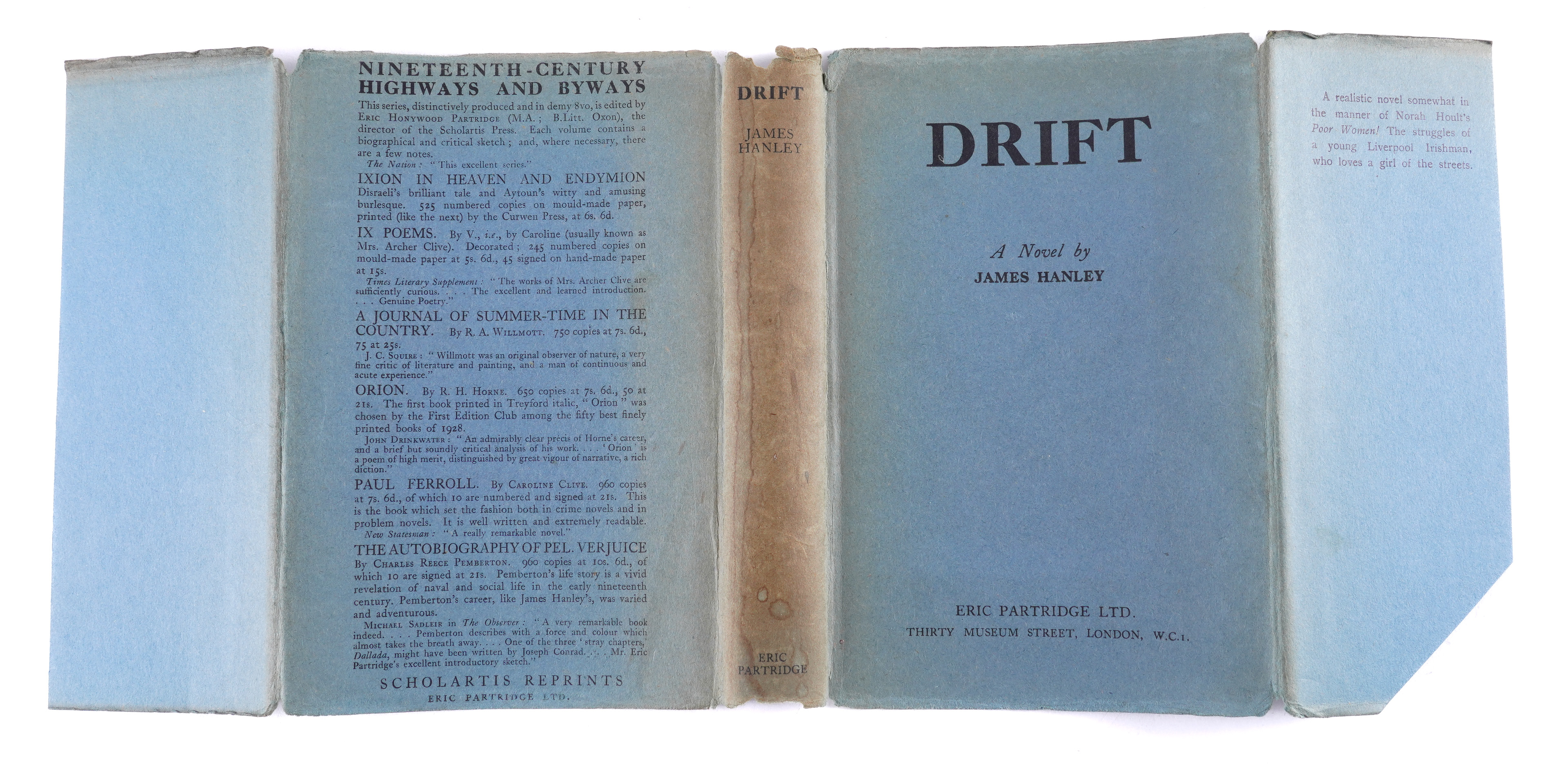 HANLEY, James (1897-1985). Drift. A Novel, London, 1930, 8vo, original blue cloth, dust-jacket... - Image 4 of 5