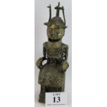 An ethnic Benin bronze figure of a seated oba with ceremonial headdress and attire. Probably 20th