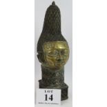 An ethnic Benin bronze bust of a female head with ceremonial headdress. Probably 20th Century.