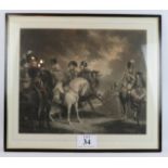 An 1899 stipple engraving of George III on horseback in a battlefield setting, published 1st