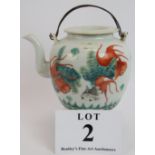 A 19th Century Chinese porcelain teapot and cover decorated with polychrome goldfish, seal mark to