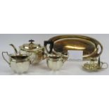 A three piece Art Deco silver plated tea set, an ovoid silver plated tray and an Art Nouveau chambe