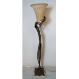 A vintage Italian bronze floor-standing lamp with opaque glass shade in the manner of Daum,