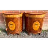 A pair of very decorative inlaid and crossbanded mahogany demi lune side cabinets by Titchmarsh &