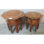 Two early 20th century octagonal Islamic hardwood side tables, featuring ebony & ornate bone inlay