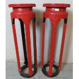 A pair of vintage cinnabar Chinese red lacquer plant stands, ornately carved with geometric