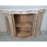 A 19th century stripped walnut credenza with white marble top over an open shelf, flanked by