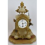 A 19th Century French alabaster mantel clock with bronze ormulu mounts and gilt wood stand. Movement