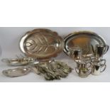 Seven pieces of silver plated tea ware by Walker & Hall, a Sheffield plate candle trimmer tray, four