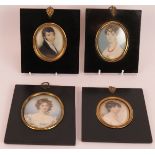 Four 19th Century miniature portraits, watercolour on ivory, mounted in ebonised gilt frames. Some