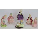 Six Royal Doulton porcelain figurines including Tinkle Bell, Valerie, Golden Days, Affection, Bo-