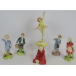 Five Royal Doulton porcelain figurines including the Little Pig, Jack, Jill, Little Boy Blue and Wee