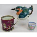 A Staffordshire Ceramics Kingfisher tea pot, an early 19th Century Pekin chinoiserie mug and a