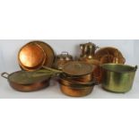A large quantity of good quality copper and brass cooking pans and jugs, 15 different items in