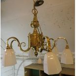 A good quality brass six branch chandelier with opaline glass drop shades. Height without chain