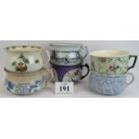 Six antique chamber pots of different design and makers including Minton's, Whieldon, B&H and BW &