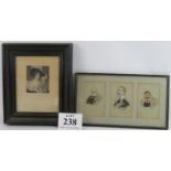 A framed set of three watercolour charactures each signed G. Austin plus a framed engraving of HRH