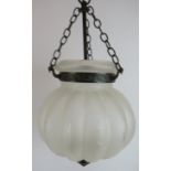 An antique style pendant light with cut glass opaque shade and anodised bronze fittings. Drop: 45cm.