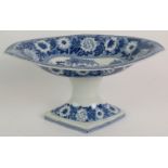 An early 19th Century blue and white pedestal dish by Rogers and Co, the lozenge shaped bowl being