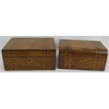 Two 19th Century inlaid work boxes, both with ornate geometric banding. Largest 30cm long, 22cm